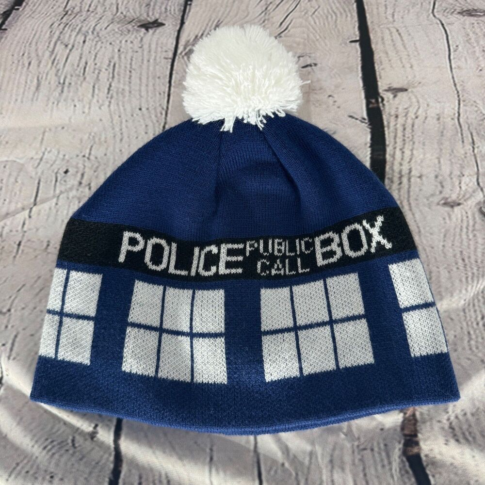 Doctor Who Beanie Hat Police Public Call Box Knit Winter Hat Blue White